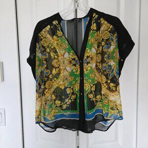 EUC Beautiful sheer blouse, black with pattern, gold buttons, size L